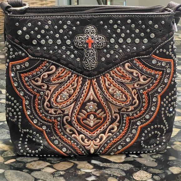 Montana West Black Orange Crossbody Bag Silver Accents Embroidered southwestern‌ - Picture 9 of 10